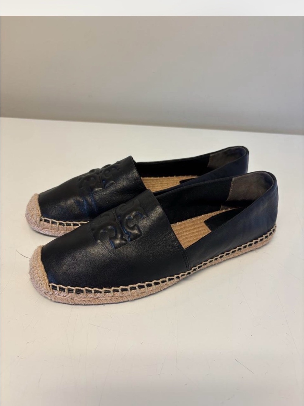 Tory Burch Black Leather Espadrilles with Natural Jute Toe